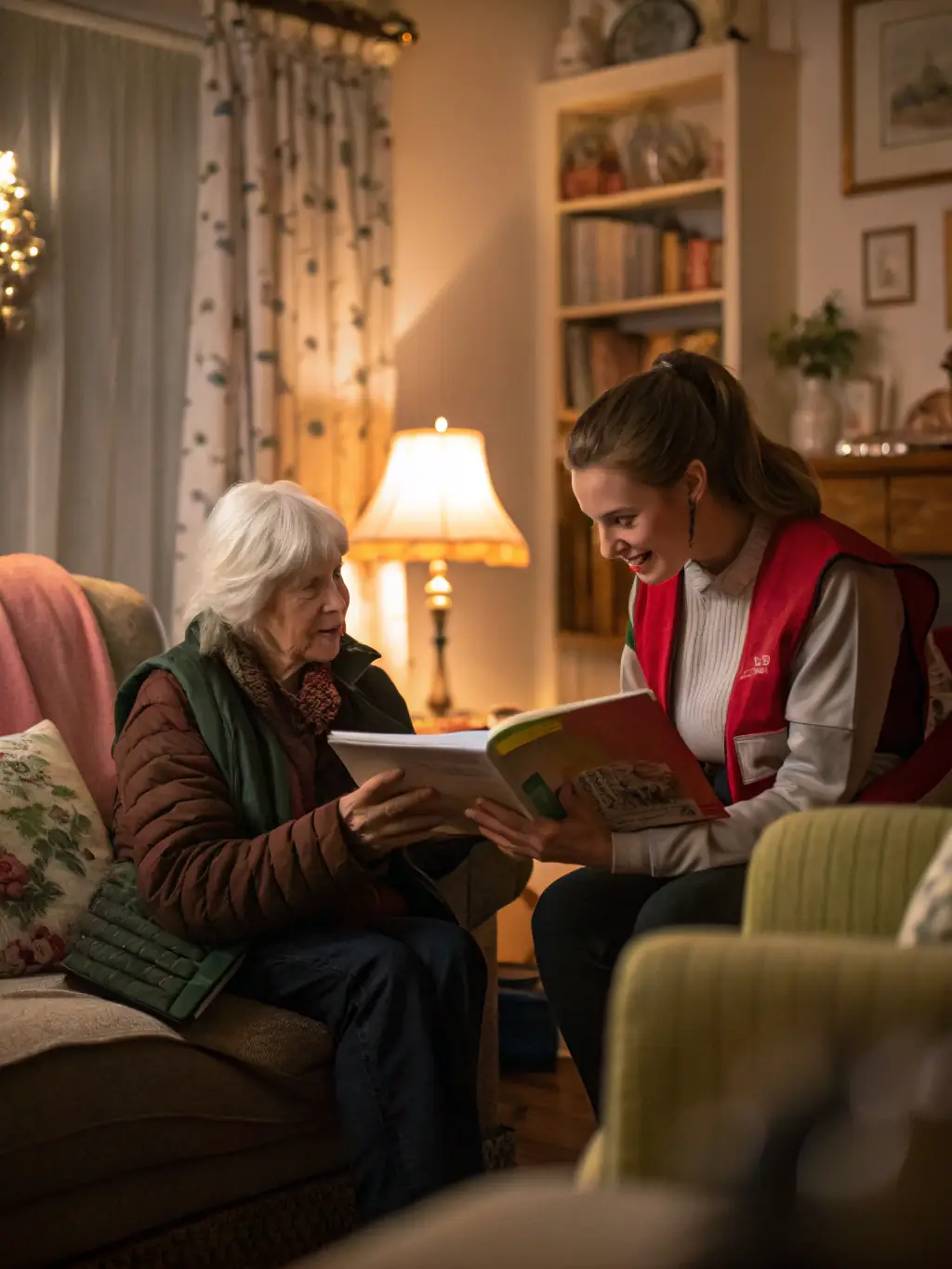 A picture of a volunteer helping a senior citizen select a book at AU FIL DES PAGES. The interaction is friendly and supportive, highlighting the organization's commitment to serving all age groups.