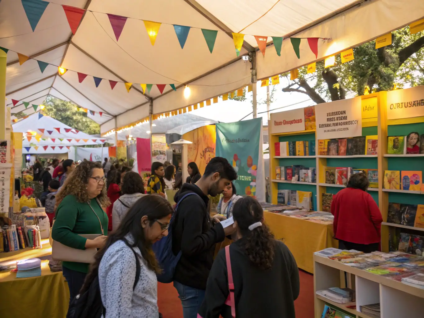 An outdoor book fair with tables, banners, and community members browsing books.