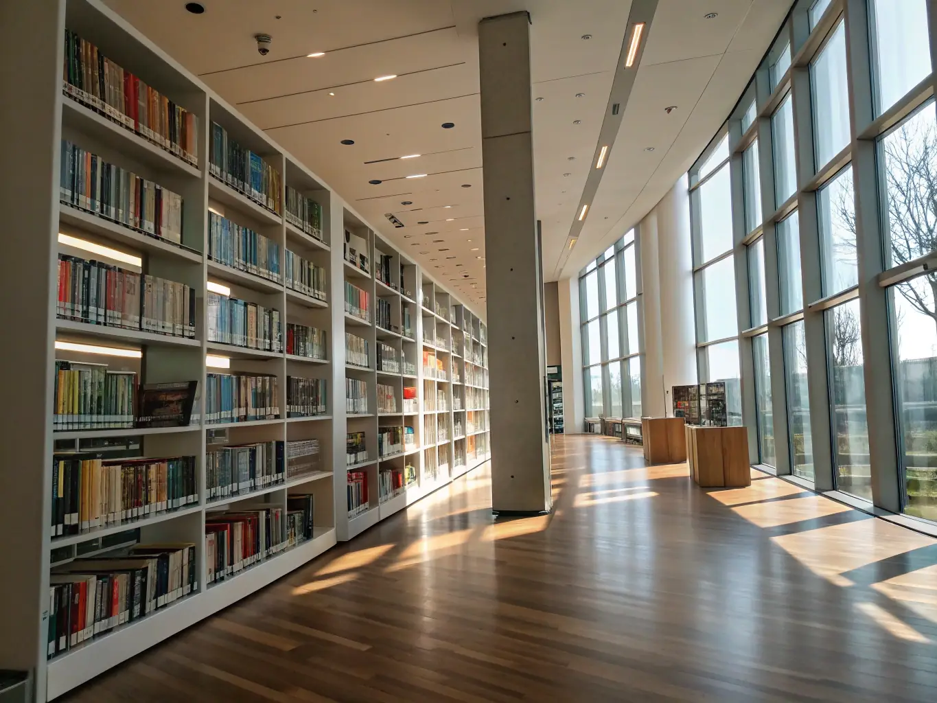 A welcoming library interior with shelves filled with books, reading areas, and community members engaging with materials.