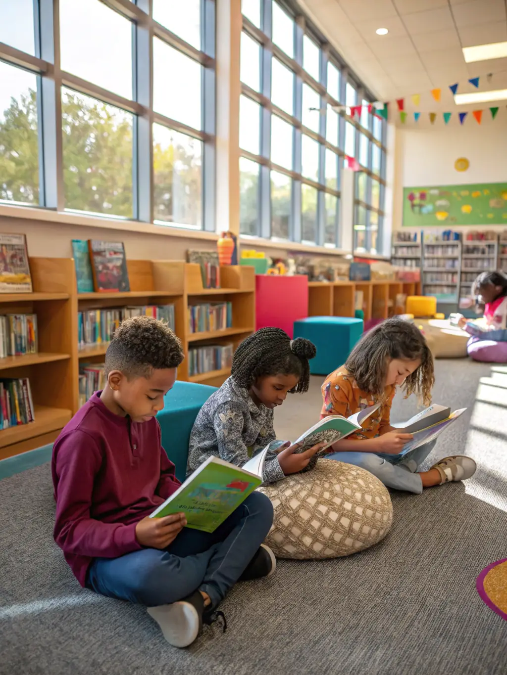 A photo of children creating artwork inspired by a book they read at AU FIL DES PAGES, showcasing the organization's integration of arts and literacy.