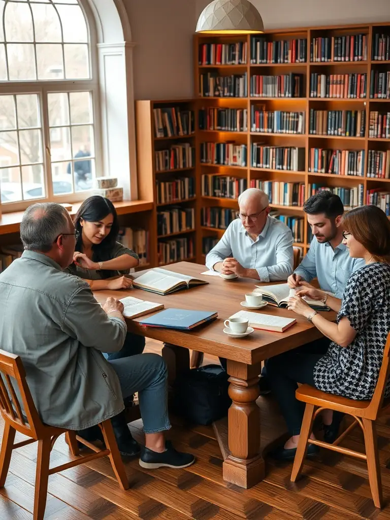 A photograph of adults participating in a book club discussion at AU FIL DES PAGES, with books and refreshments on the table. The atmosphere is relaxed and engaging.
