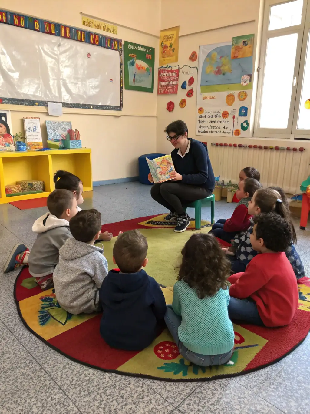 A group of children sitting in a circle, listening attentively to a storyteller during a reading session at AU FIL DES PAGES. The scene is warm and inviting, with colorful books and decorations in the background.